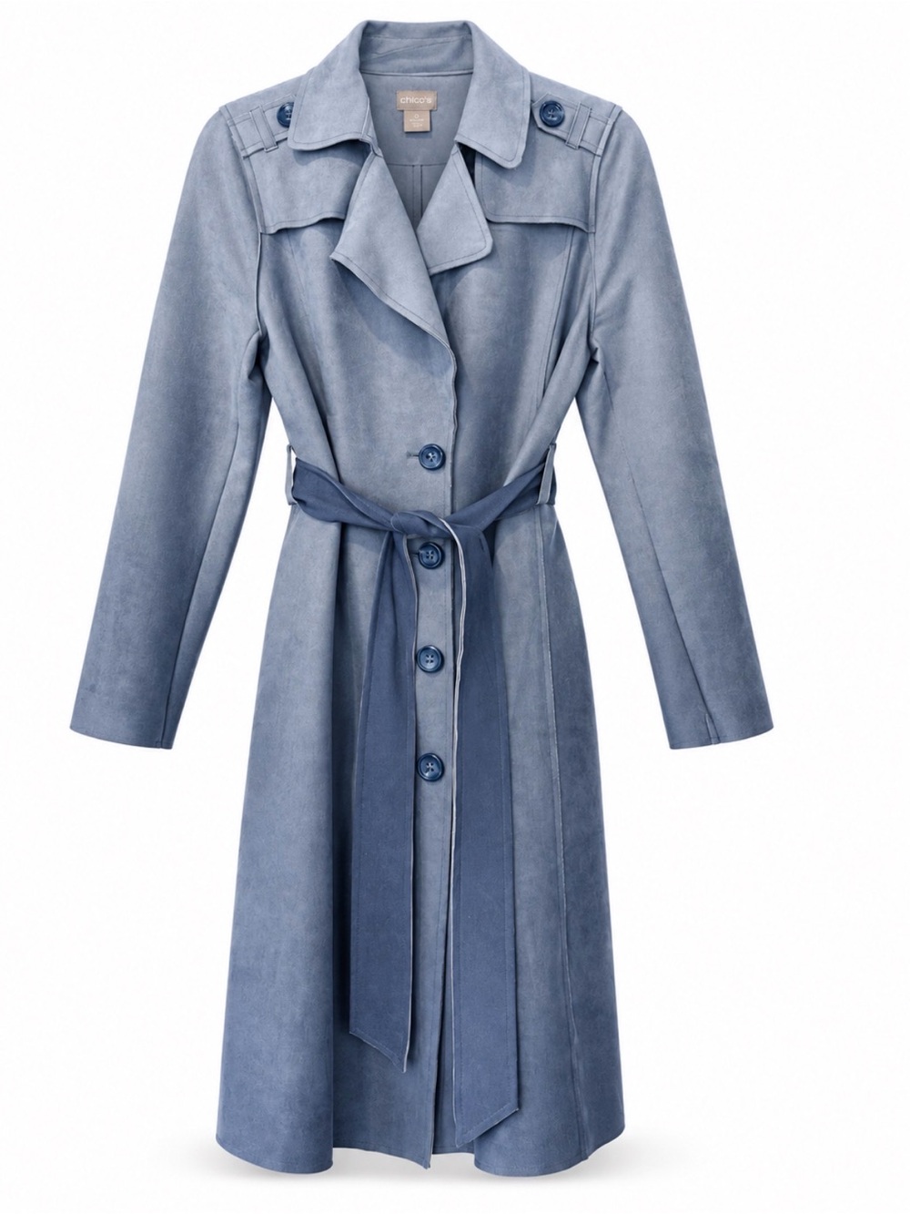 Chico’s Blue Ombré Faux-Suede Belted Trench Coat Size 0 (4-6) Perfect For Fall